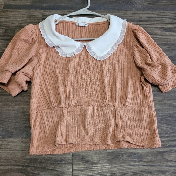 Lily Star Peter Pan Collar Crop Short Sleeve Top Size Large Brown - Picture 1 of 3